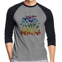Camiseta Raglan Borboletas Coloridas Manga 3/4 - Foca na Moda
