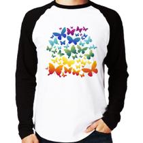 Camiseta Raglan Borboletas Coloridas Manga Longa - Foca na Moda