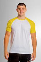 Camiseta Raglan Branca Anti pilling Com Manga Amarela 100% Poliéster