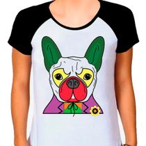Camiseta Raglan Buldog Francês Cachorro Pet Dog Branca Fem03