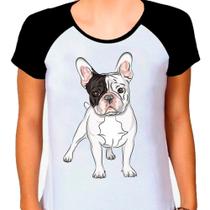 Camiseta Raglan Buldog Francês Cachorro Pet Dog Branca Fem04