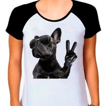 Camiseta Raglan Buldog Francês Cachorro Pet Dog Branca Fem06