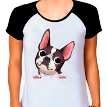 Camiseta Raglan Buldog Francês Cachorro Pet Dog Branca Fem12