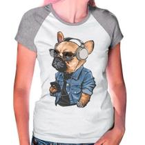 Camiseta Raglan Buldog Francês Pet Dog Cinza Branca Fem01