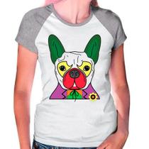 Camiseta Raglan Buldog Francês Pet Dog Cinza Branca Fem03