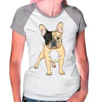 Camiseta Raglan Buldog Francês Pet Dog Cinza Branca Fem05
