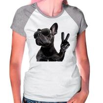 Camiseta Raglan Buldog Francês Pet Dog Cinza Branca Fem06