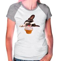 Camiseta Raglan Buldog Francês Pet Dog Cinza Branca Fem11