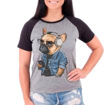 Camiseta Raglan Buldog Francês Pet Dog Cinza Preto Fem01