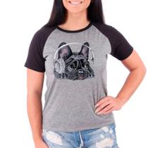 Camiseta Raglan Buldog Francês Pet Dog Cinza Preto Fem02
