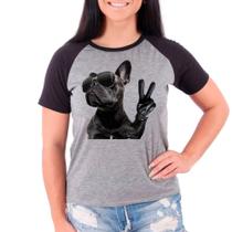 Camiseta Raglan Buldog Francês Pet Dog Cinza Preto Fem06
