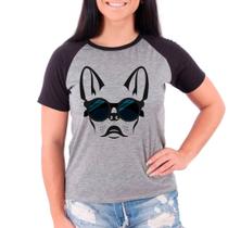 Camiseta Raglan Buldog Francês Pet Dog Cinza Preto Fem13