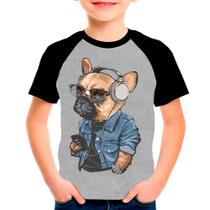 Camiseta Raglan Buldogue Francês Cachorro Cinza Preto Inf01