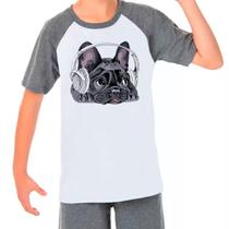 Camiseta Raglan Buldogue Francês Pet Dog Cinza Branco Inf02