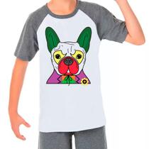 Camiseta Raglan Buldogue Francês Pet Dog Cinza Branco Inf03