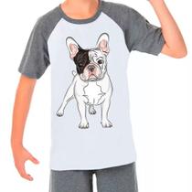 Camiseta Raglan Buldogue Francês Pet Dog Cinza Branco Inf04