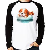 Camiseta Raglan Cachorrinho Na Piscina Manga Longa - Foca na Moda
