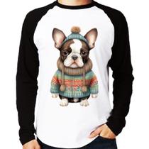 Camiseta Raglan Cachorro Bulldog Francês Natalino Manga Longa - Foca na Moda