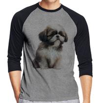 Camiseta Raglan Cachorro Shih Tzu Filhote Manga 3/4 - Foca na Moda