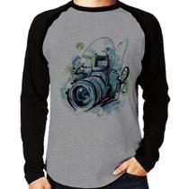 Camiseta Raglan Câmera Fotográfica Manga Longa - Foca na Moda