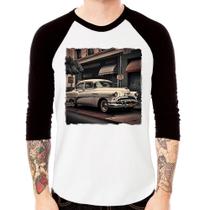 Camiseta Raglan Carro retrô branco Manga 3/4 - Foca na Moda Camiseta Raglan Carro retrô branco Manga 3/4 - Foca na Moda