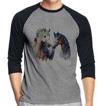 Camiseta Raglan Casal de Cavalos Watercolor Manga 3/4 - Foca na Moda