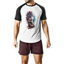 Camiseta Raglan Catrina Rosas Splash Art Camiseta Raglan Catrina Rosas Splash Art