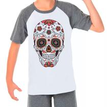 Camiseta Raglan Caveira Mexicana Skull Cinza Branco Inf03