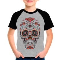 Camiseta Raglan Caveira Mexicana Skull Cinza Preto Inf03