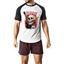 Camiseta Raglan Caveira rock guitarra voltage Camiseta Raglan Caveira rock guitarra voltage