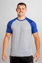 Camiseta Raglan Cinza Mescla com Manga Azul Royal - 100% Poliéster