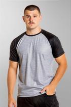 Camiseta Raglan Cinza Mescla com Manga Preta 100% Poliéster - Estilo Casual