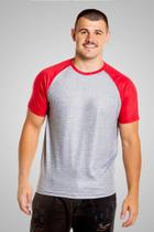 Camiseta Raglan Cinza Mescla com Manga Vermelha 100% Poliéster - Estilo Casual
