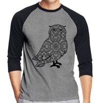 Camiseta Raglan Coruja Mandala Manga 3/4 - Foca na Moda