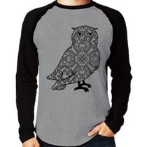 Camiseta Raglan Coruja Mandala Manga Longa - Foca na Moda Camiseta Raglan Coruja Mandala Manga Longa - Foca na Moda