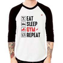 Camiseta Raglan Eat, Sleep, Gym, Repeat Manga 3/4 - Foca na Moda