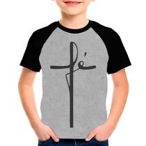 Camiseta Raglan Fé Gospel Evangélica Cinza Preto Infantil01