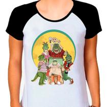 Camiseta Raglan Feminina Branca Desenho Familia Dinossauro