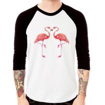 Camiseta Raglan Flamingos coração Manga 3/4 - Foca na Moda