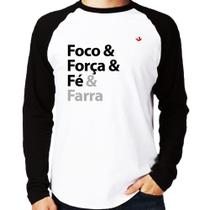 Camiseta Raglan Foco & Força & Fé & Farra Manga Longa - Foca na Moda Camiseta Raglan Foco & Força & Fé & Farra Manga Longa - Foca na Moda