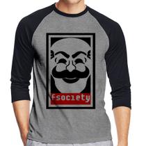 Camiseta Raglan Fsociety Manga 3/4 - Foca na Moda