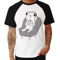 Camiseta Raglan Gatinho Ouvindo Música - Foca na Moda