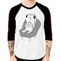 Camiseta Raglan Gatinho Ouvindo Música Manga 3/4 - Foca na Moda