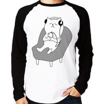 Camiseta Raglan Gatinho Ouvindo Música Manga Longa - Foca na Moda
