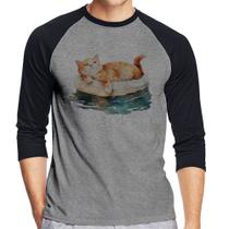 Camiseta Raglan Gatinho Relaxando na Bóia Manga 3/4 - Foca na Moda