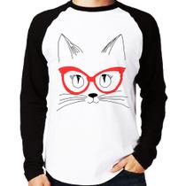 Camiseta Raglan Gato De Óculos Manga Longa - Foca na Moda