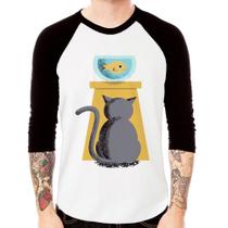 Camiseta Raglan Gato e Aquário Manga 3/4 - Foca na Moda Camiseta Raglan Gato e Aquário Manga 3/4 - Foca na Moda