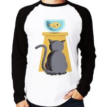 Camiseta Raglan Gato e Aquário Manga Longa - Foca na Moda