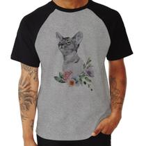 Camiseta Raglan Gato e Flores - Foca na Moda