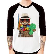 Camiseta Raglan Gato nas Férias Manga 3/4 - Foca na Moda
